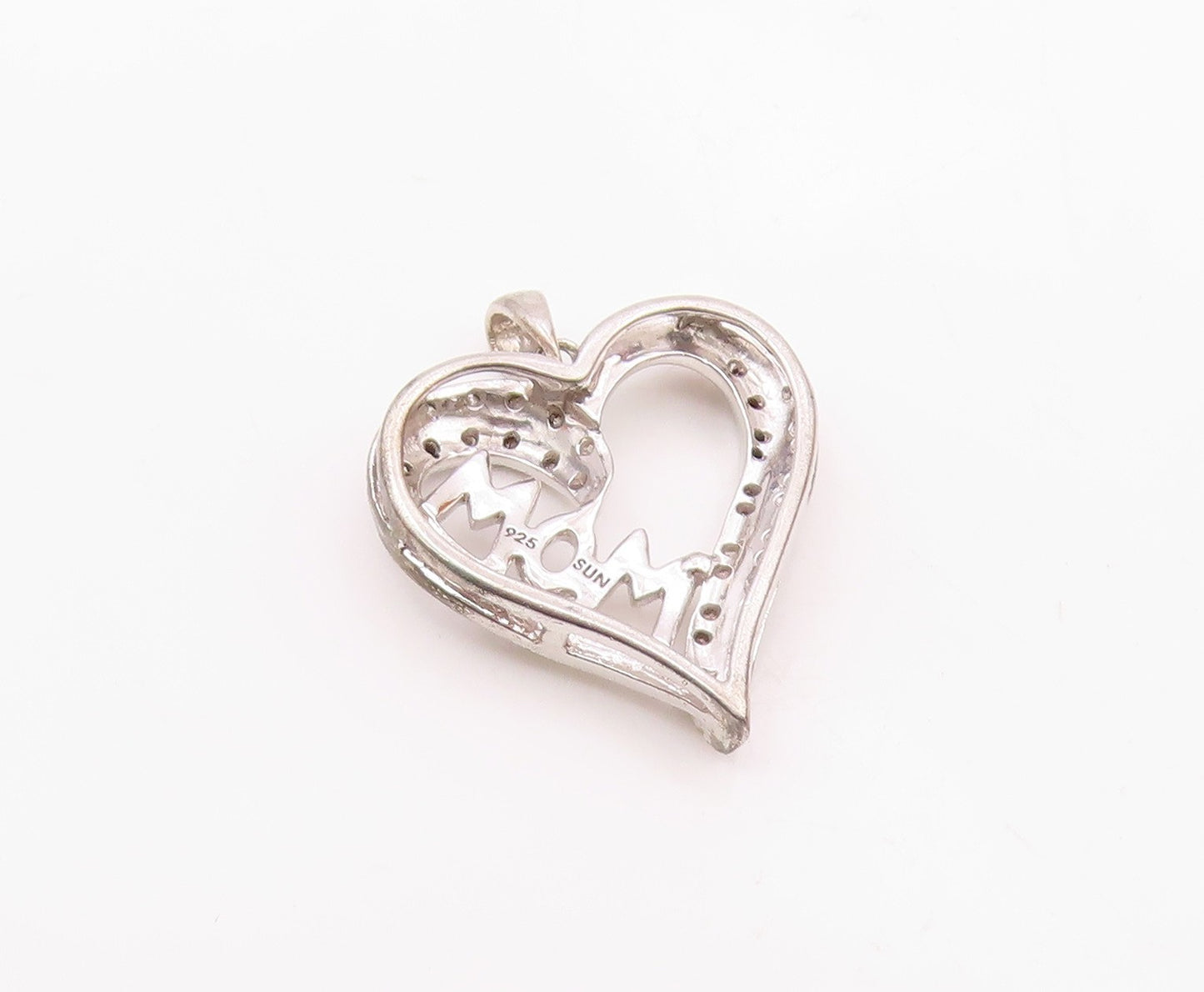 925 Sterling Silver  Shiny Genuine Diamonds Mom Love Heart Pendant  PT11935