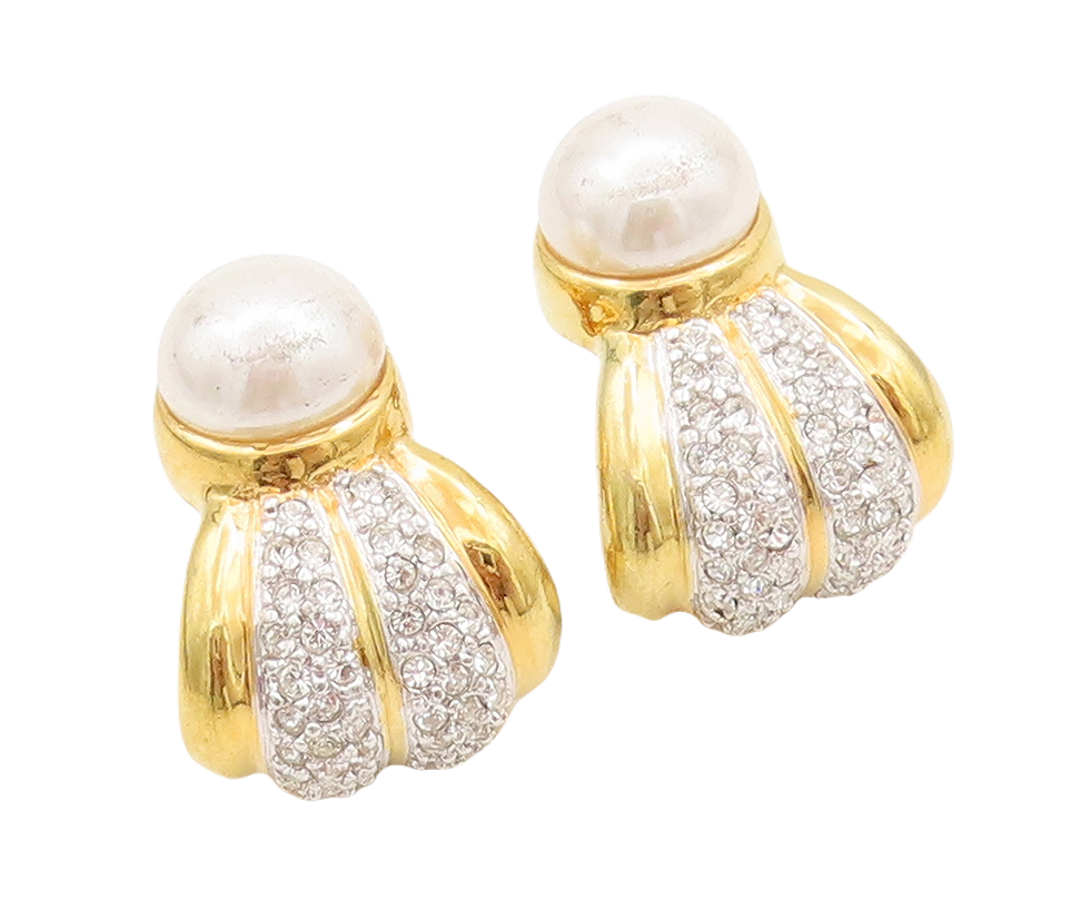 925 Sterling Silver Vintage Earrings Gold Plated Pearl & CZ Inlay  EG13109