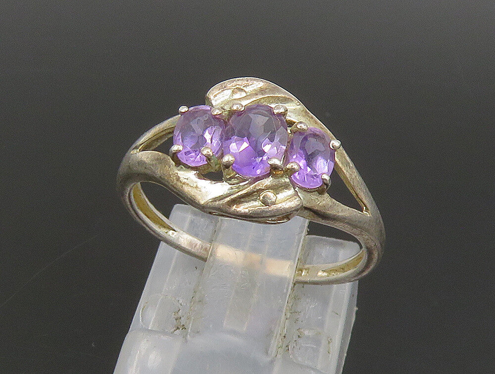 925 Silver  Vintage Oval Amethyst Three Stone Split Shank Ring Sz 6  RG24247