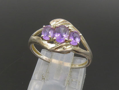 925 Silver  Vintage Oval Amethyst Three Stone Split Shank Ring Sz 6  RG24247