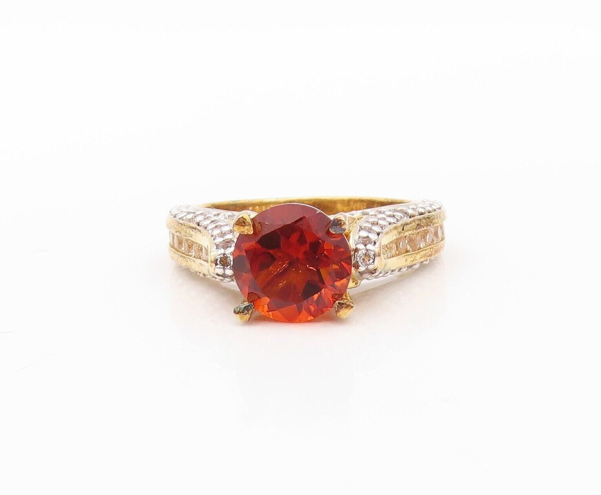 925 Sterling Silver Vintage Ring Gold Plated Red & White Topaz  Sz 7  RG30193
