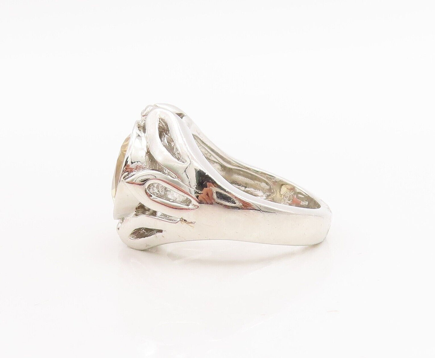 925 Sterling Silver Vintage Ring Leaf Border Cutout Neck Citrine  Sz 8  RG28658