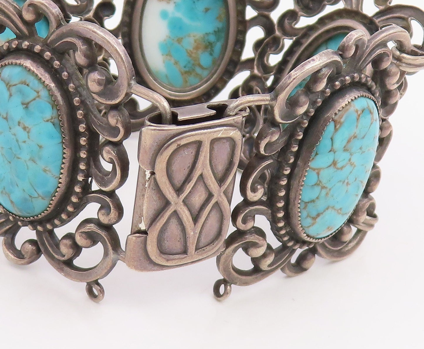 925 Sterling Silver Vintage Bracelet DANECRAFT Oval Turquoise Wide Link  BT11859