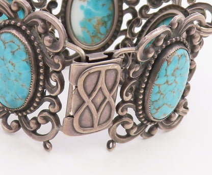 925 Sterling Silver Vintage Bracelet DANECRAFT Oval Turquoise Wide Link  BT11859