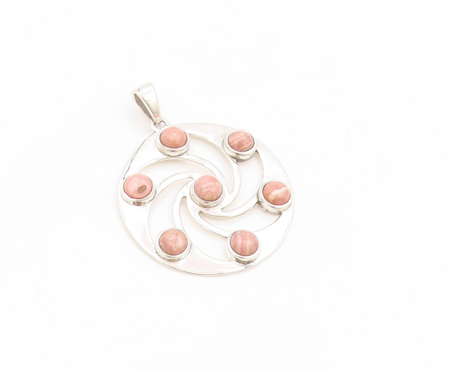925 Sterling Silver Vintage Pendant Rhodochrosite Celtic Spiral Circle PT25829