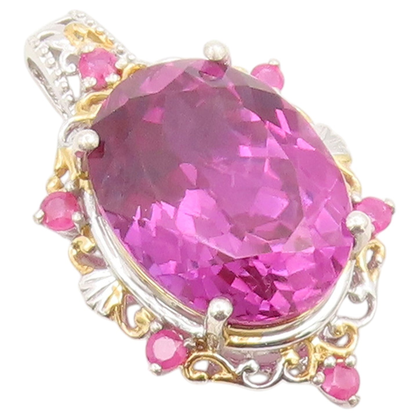 925 Sterling Silver Vintage Pendant Two Tone Oval Cut Pink Topaz Charm  PT26592