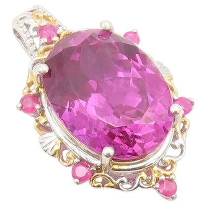 925 Sterling Silver Vintage Pendant Two Tone Oval Cut Pink Topaz Charm  PT26592