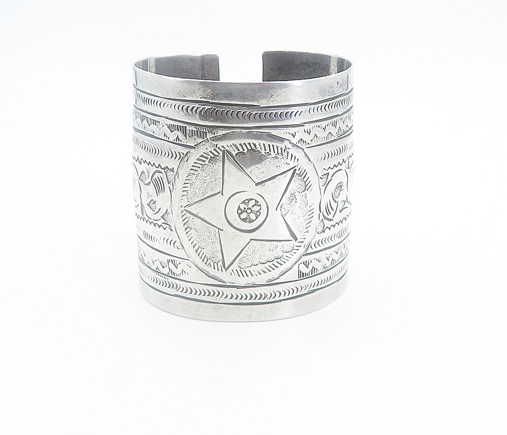 Solid Silver Vintage Antique Etched Star Pattern Cuff Bracelet  BT3372