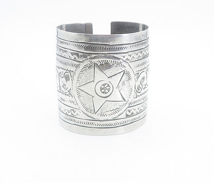 Solid Silver Vintage Antique Etched Star Pattern Cuff Bracelet  BT3372