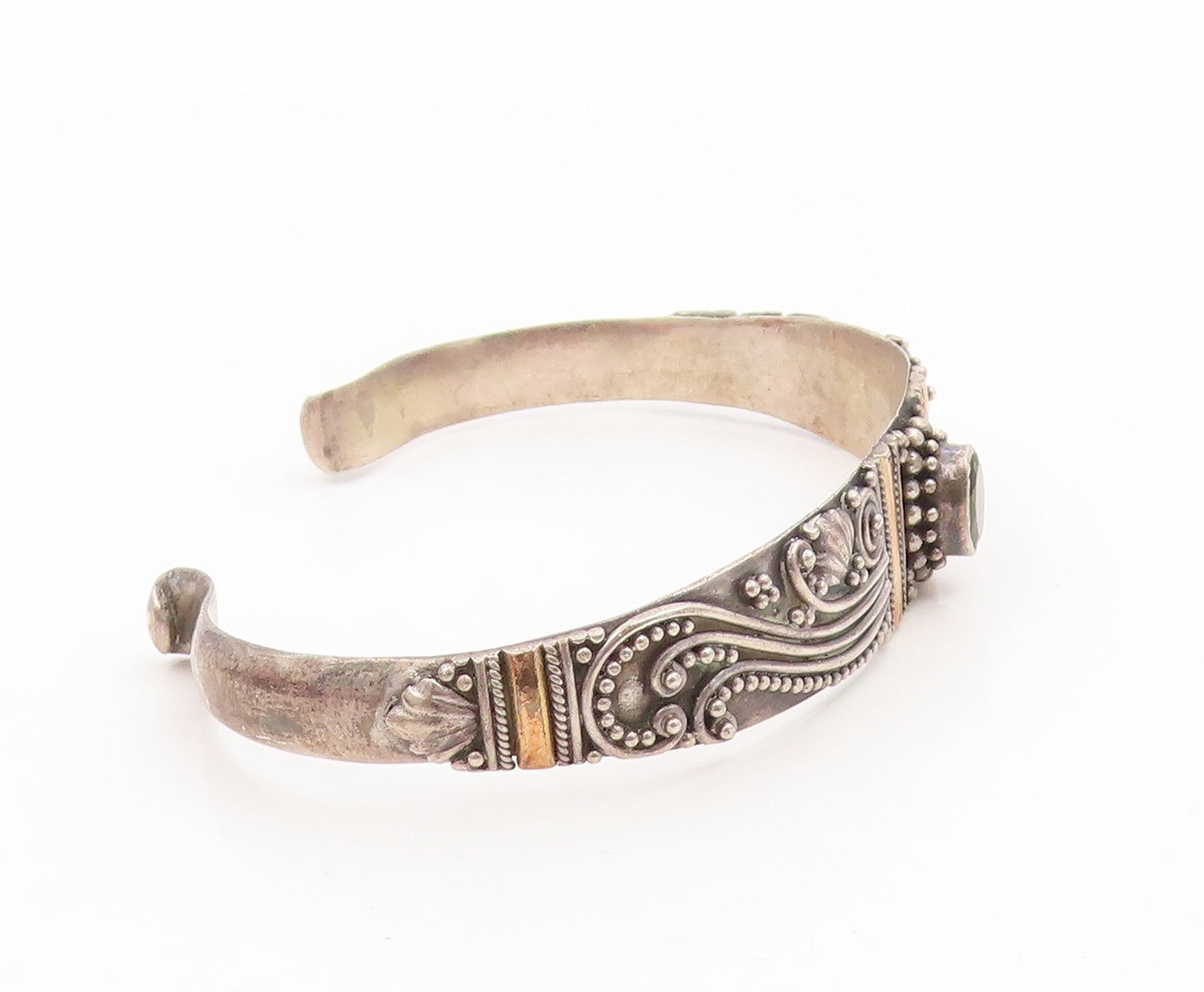 14k Gold & 925 Sterling Silver Vintage Bracelet Peridot Scrollwork Cuff  BT11995