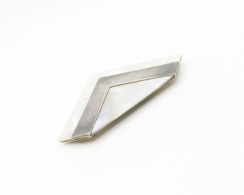 925 Sterling Silver   Vintage Mother Of Pearl Modernist Brooch Pin  BP6868