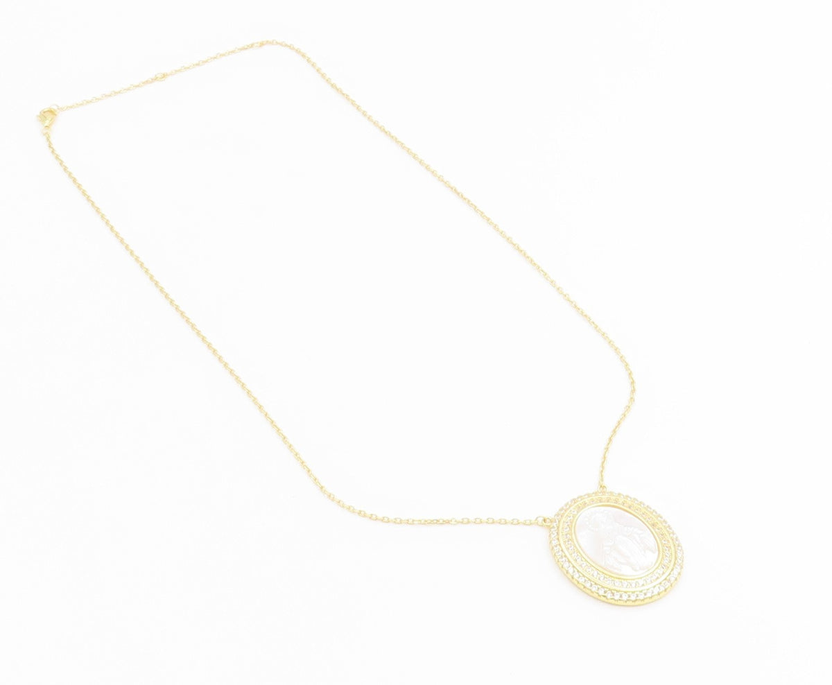 925 Sterling Silver Vintage Necklace Gold Plated Mother Of Pearl Mary  NE4896