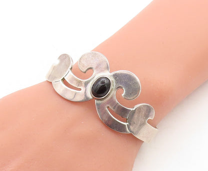 MEXICO 925 Sterling Silver Vintage Black Onyx Swirl Cuff Bracelet BT1379