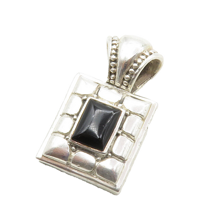 925 Sterling Silver  Vintage Black Onyx Cobble Border Square Pendant  PT10421