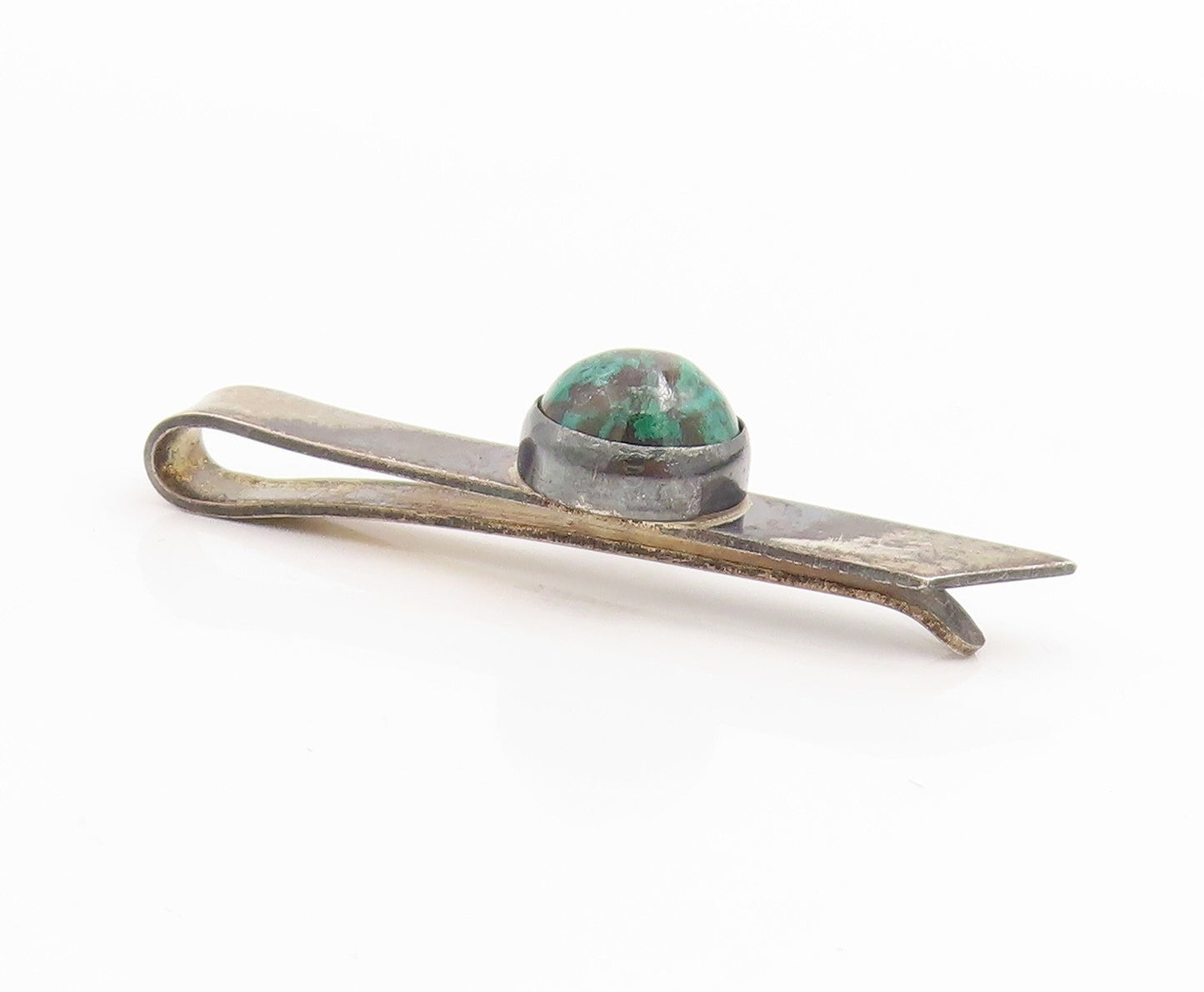 925 Sterling Silver Vintage Tie Clip ISRAEL Round Cabochon Malachite Pin  TR4026