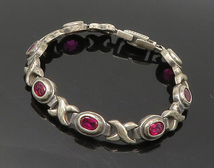 925 Sterling Silver  Vintage Pink Topaz XO Hugs & Kisses Chain Bracelet BT7982