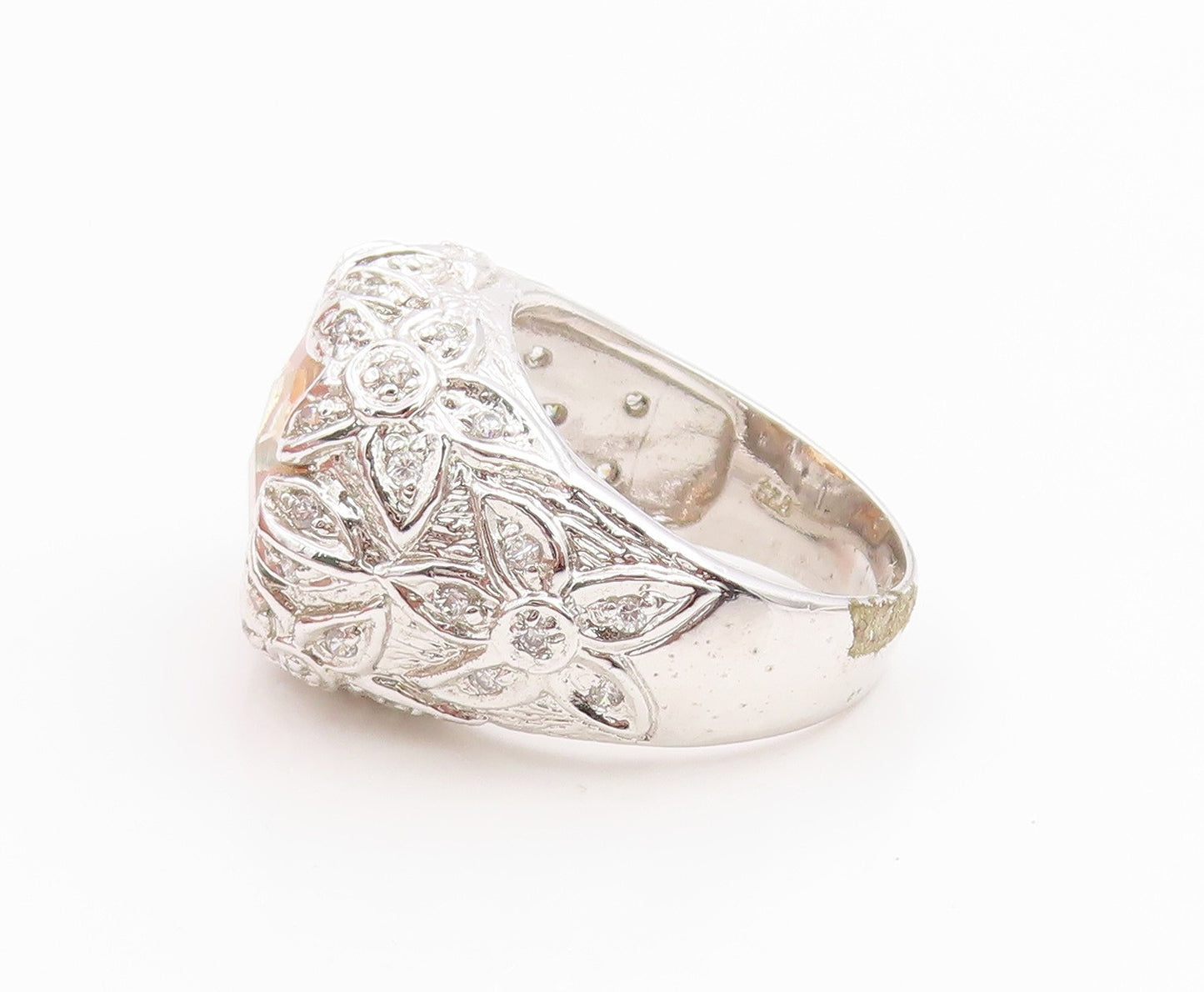 925 Sterling Silver Vintage Ring Citrine & CZ Floral Motif Band  Sz 8  RG35373