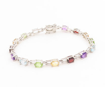 925 Sterling Silver Vintage Bracelet Multi Gemstone Elegant Tennis Link  BT11747