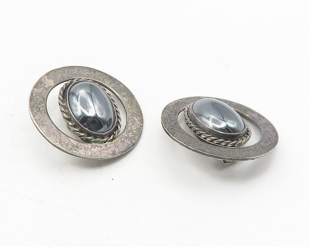 MEXICO 925 Silver  Vintage Hematite Dark Tone Twist Non Pierce Earrings EG6054