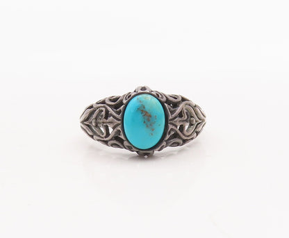 925 Sterling Silver Vintage Ring Swirly Carved Oval Turquoise  Sz 6  RG29064