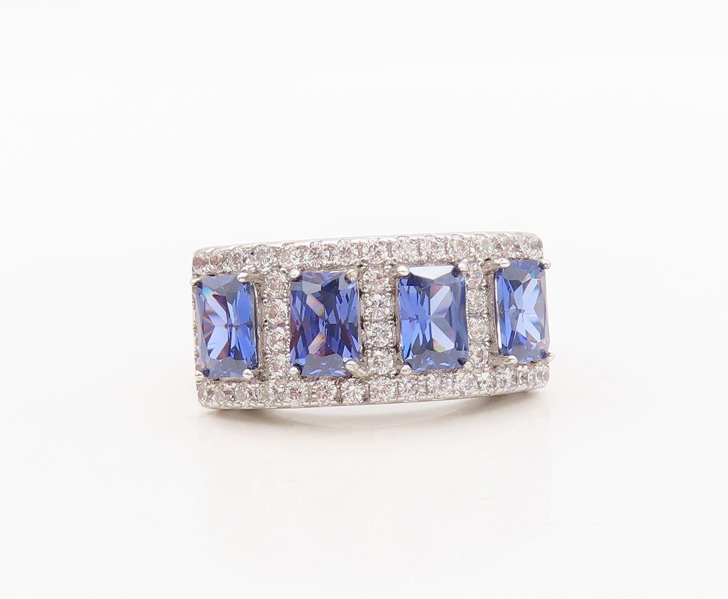 925 Sterling Silver Vintage Ring Rectangle Sapphire & CZ Inlay  Sz 7  RG30345