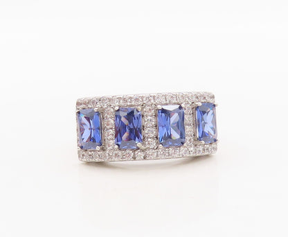 925 Sterling Silver Vintage Ring Rectangle Sapphire & CZ Inlay  Sz 7  RG30345