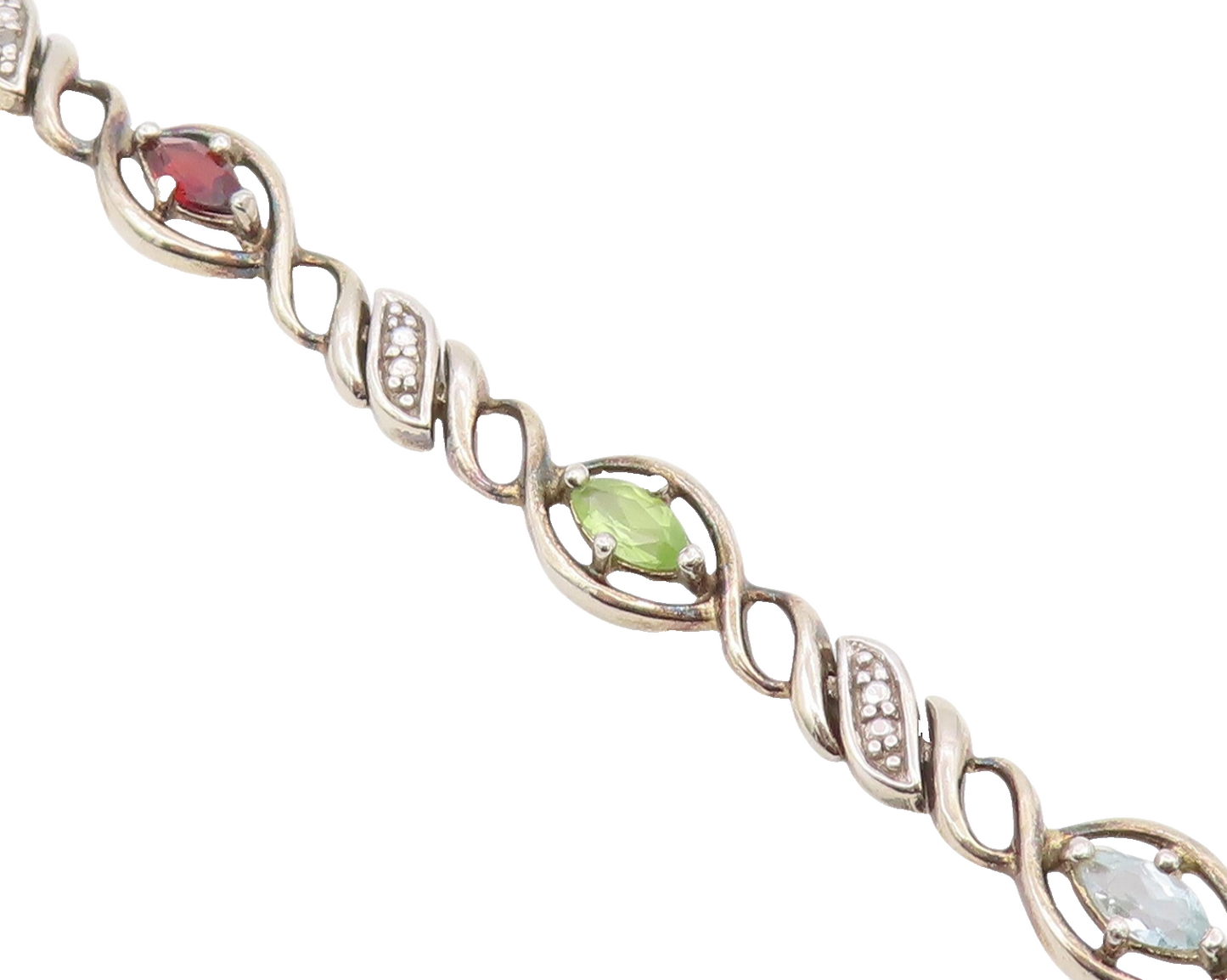 925 Sterling Silver Vintage Genuine Diamond & Multi Stone Chain Bracelet BT8314