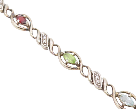925 Sterling Silver Vintage Genuine Diamond & Multi Stone Chain Bracelet BT8314
