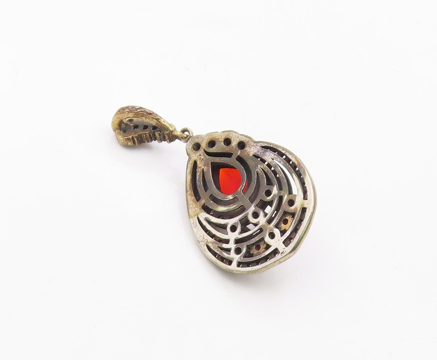 925 Sterling Silver  Vintage Red Topaz Cubic Zirconia & Ruby Pendant  PT6287