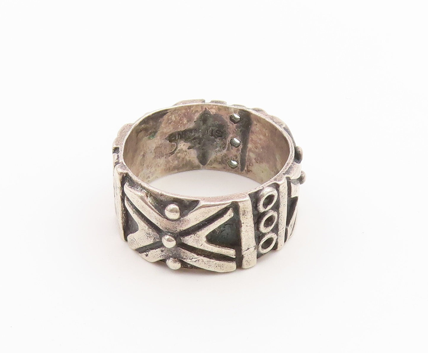 925 Sterling Silver Vintage Ring Brutalist Geometric Pattern Band  Sz 7  RG36840