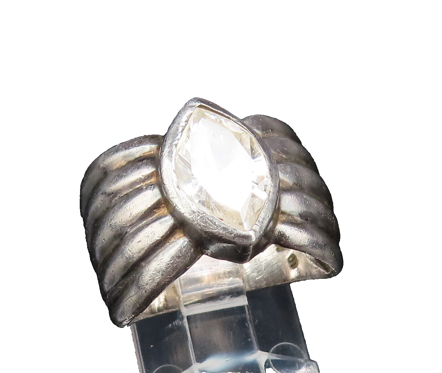 925 Silver  Vintage Marquise Cubic Zirconia Ribbed Band Ring Sz 8.5  RG25664
