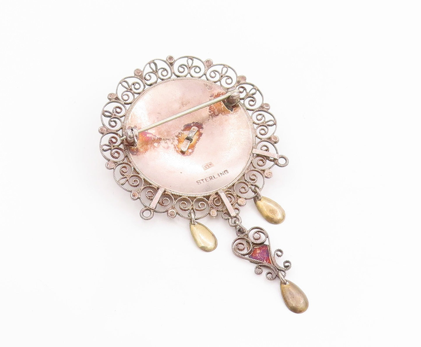 925 Sterling Silver Vintage Brooch EUROPE Floral Filigree With Dangles  BP11822