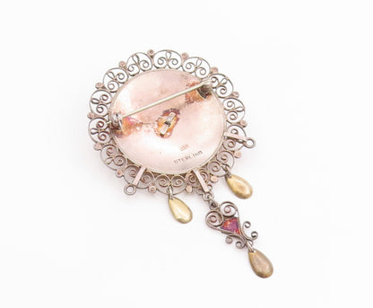 925 Sterling Silver Vintage Brooch EUROPE Floral Filigree With Dangles  BP11822