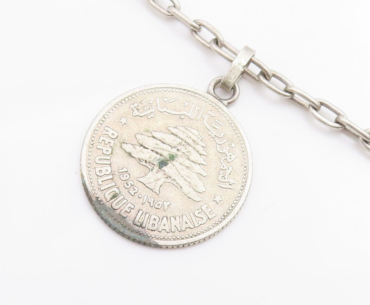 925 Sterling Silver Vintage Bracelet Lebanese Lira Coins Charm Chain  BT11420