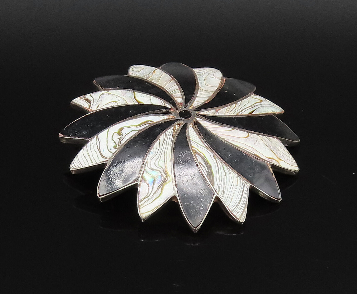 MEXICO 925 Silver  Vintage Black Onyx & Abalone Fidget Dome Brooch Pin  BP9993