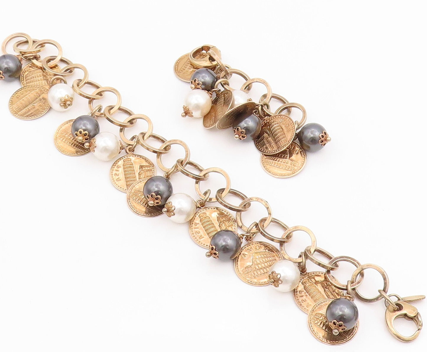 925 Sterling Silver Vintage Bracelet Gold Rings Dangling Pearls & Coins  BT10986