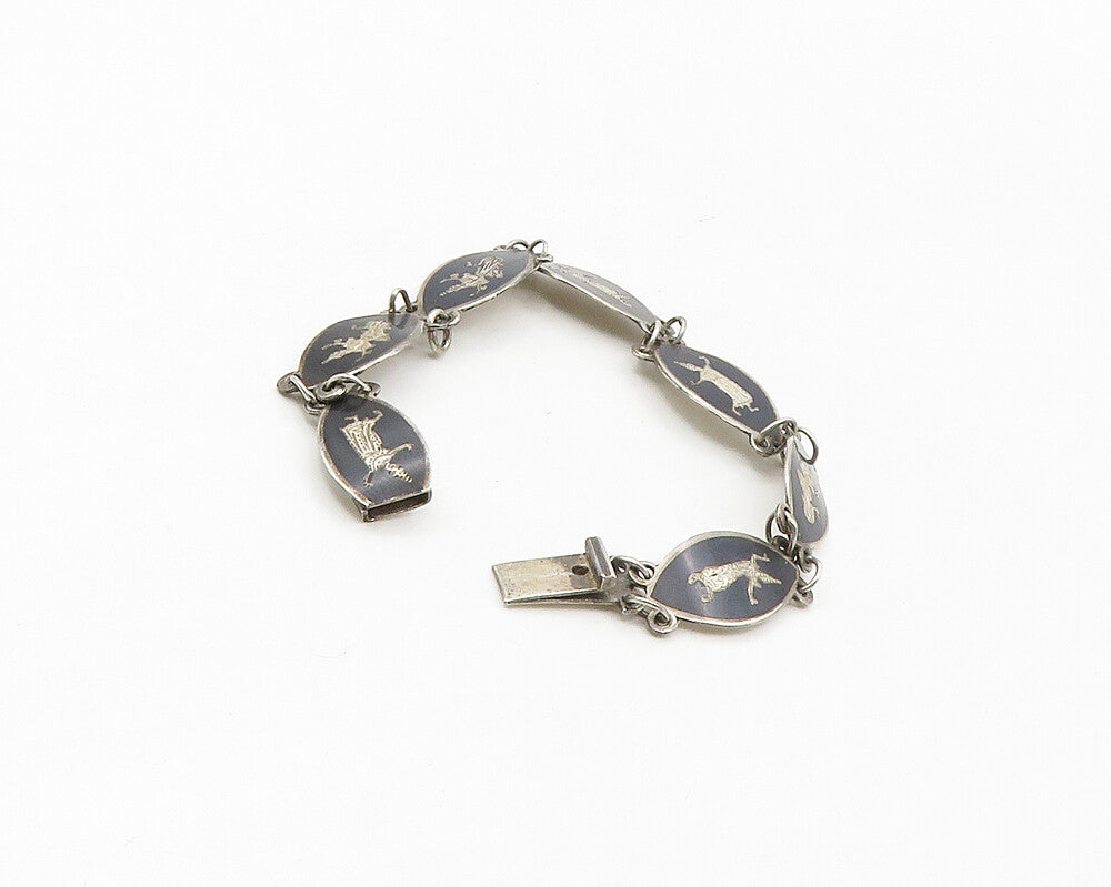 SIAM 925 Sterling Silver  Vintage Niello Enamel Dancer Chain Bracelet  BT6939