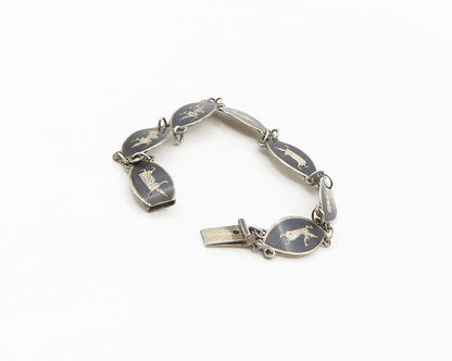 SIAM 925 Sterling Silver  Vintage Niello Enamel Dancer Chain Bracelet  BT6939