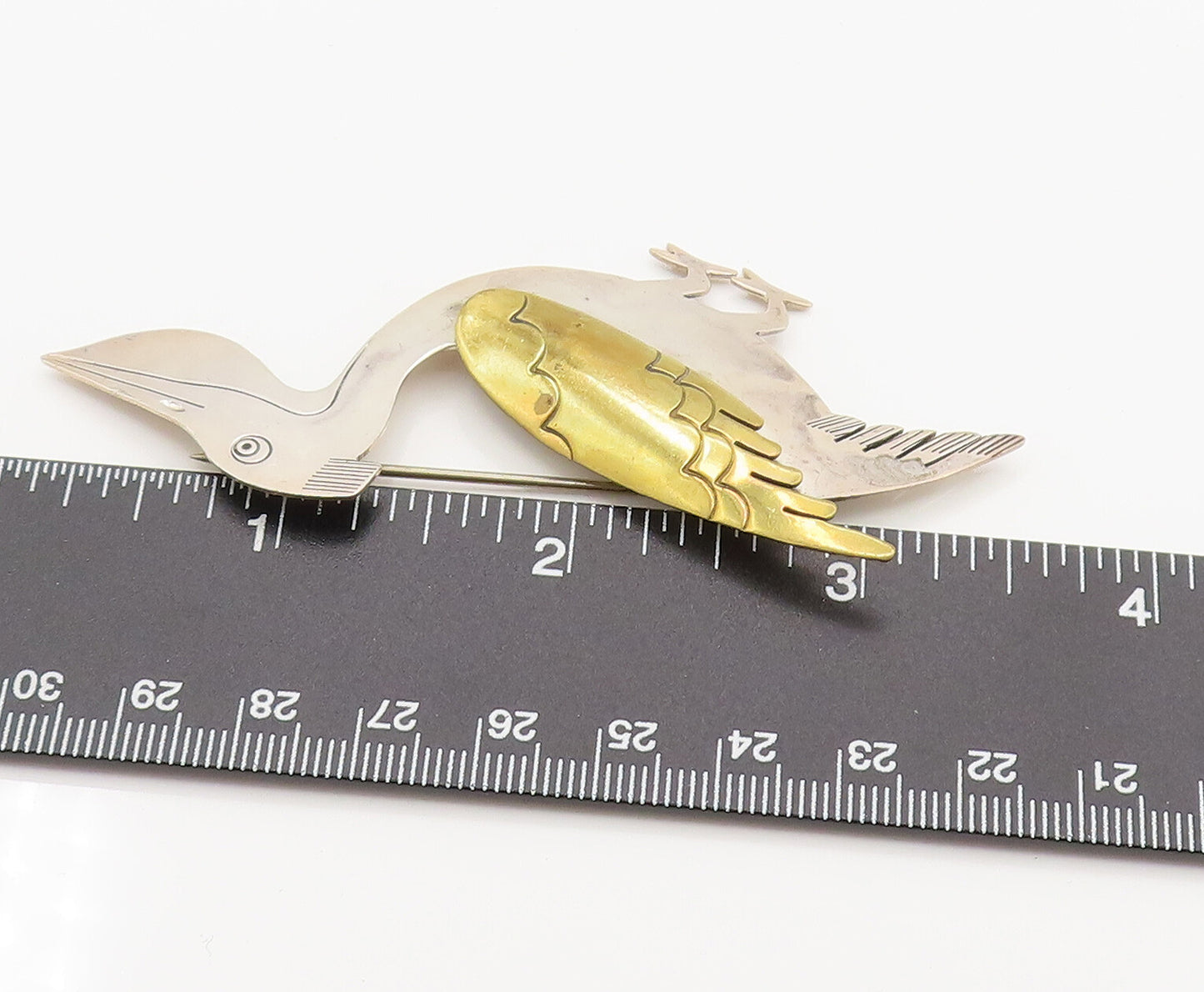 MEXICO 925 Sterling Silver Vintage Two Tone Pelican Bird Brooch Pin BP10139
