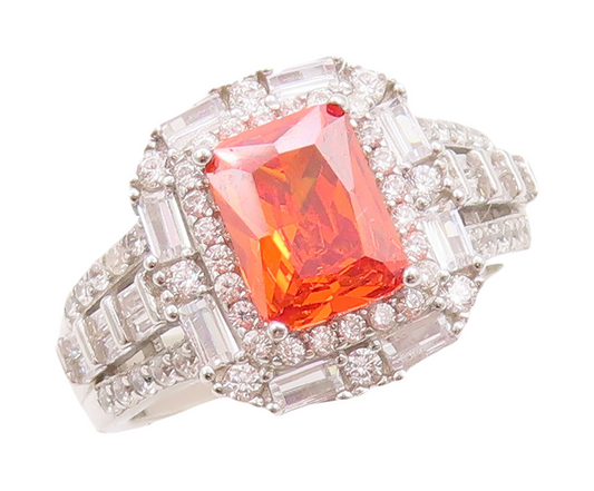 925 Sterling Silver Vintage Ring Rectangle Cut Orange & White CZ  Sz 7  RG29448