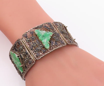 925 Sterling Silver Vintage Bracelet CHINESE EXPORT Jade Flora Filigree  BT12134