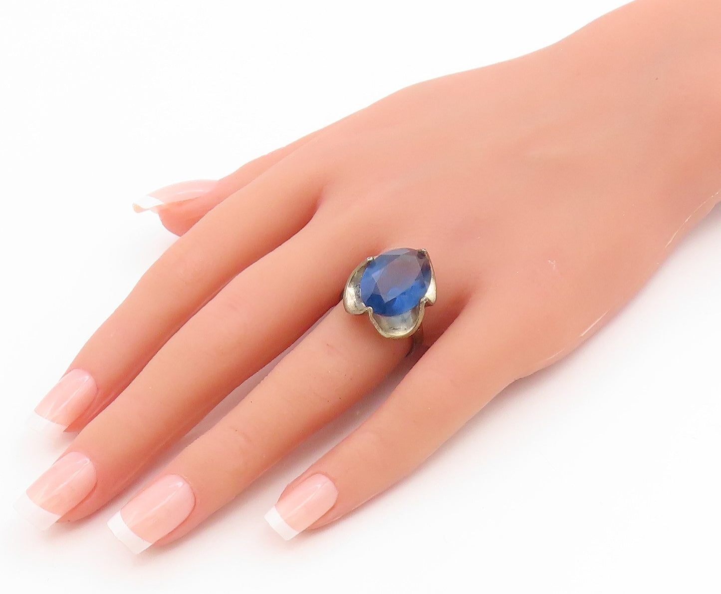 925 Sterling Silver Vintage Ring Modernist Faceted Sapphire Band  Sz 8  RG35976