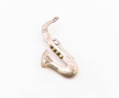 MEXICO 925 Sterling Silver  Vintage Two Tone Saxophone Brooch Pin  BP6590