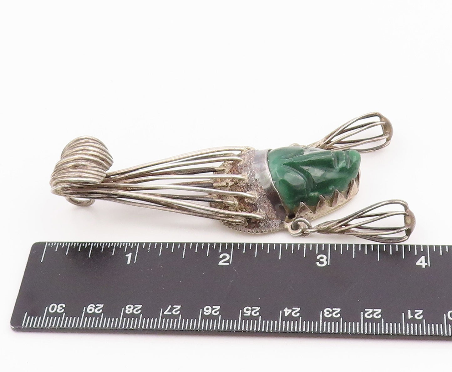 925 Sterling Silver Vintage Pendant TAXCO MEXICO Carved Jade Warrior  PT26046