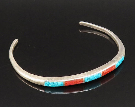 ZUNI NAVAJO 925 Silver - Vintage Crushed Coral & Turquoise Cuff Bracelet- BT9539