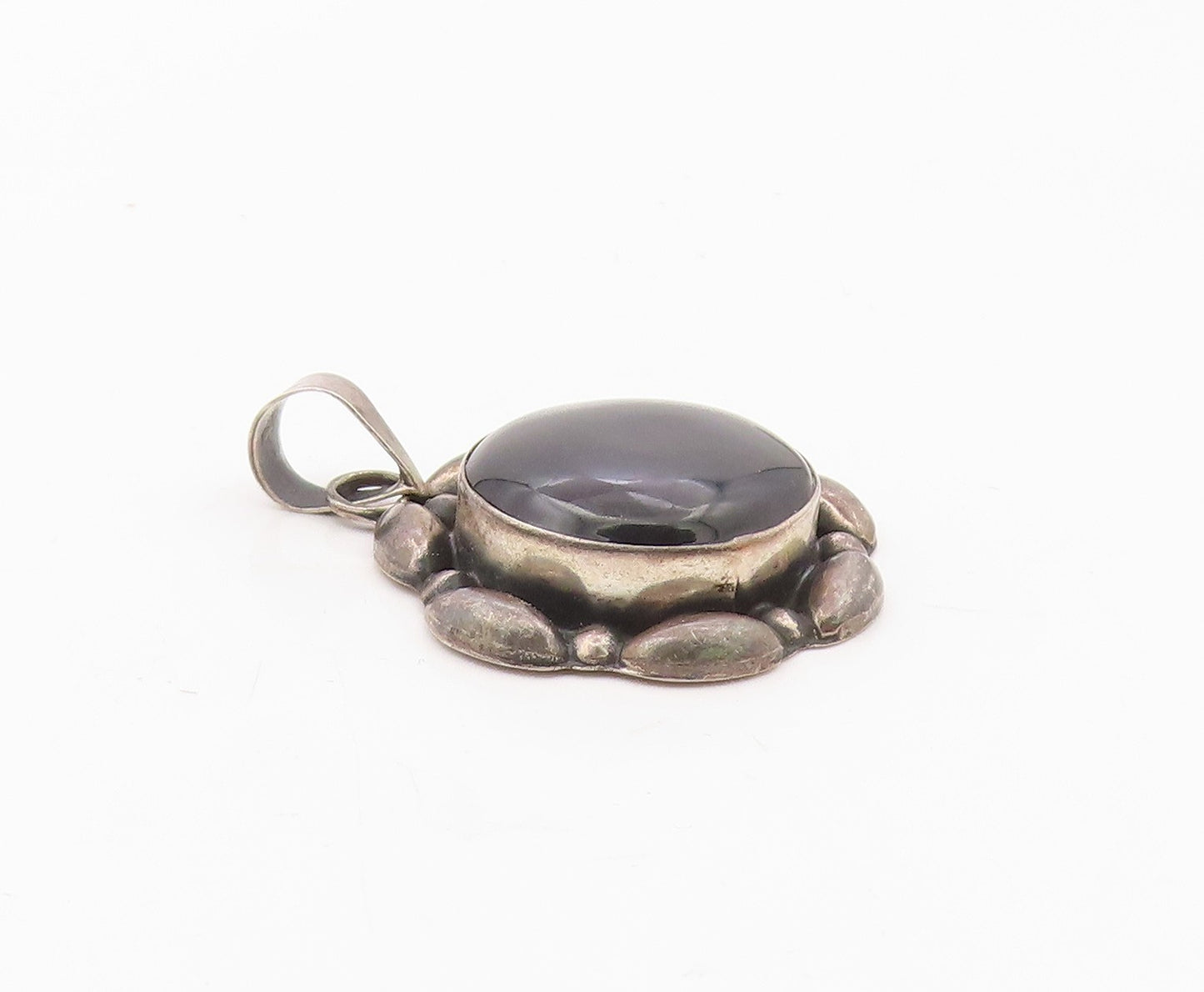 MEXICO 925 Sterling Silver  Vintage Cabochon Cut Black Onyx Pendant  PT13424