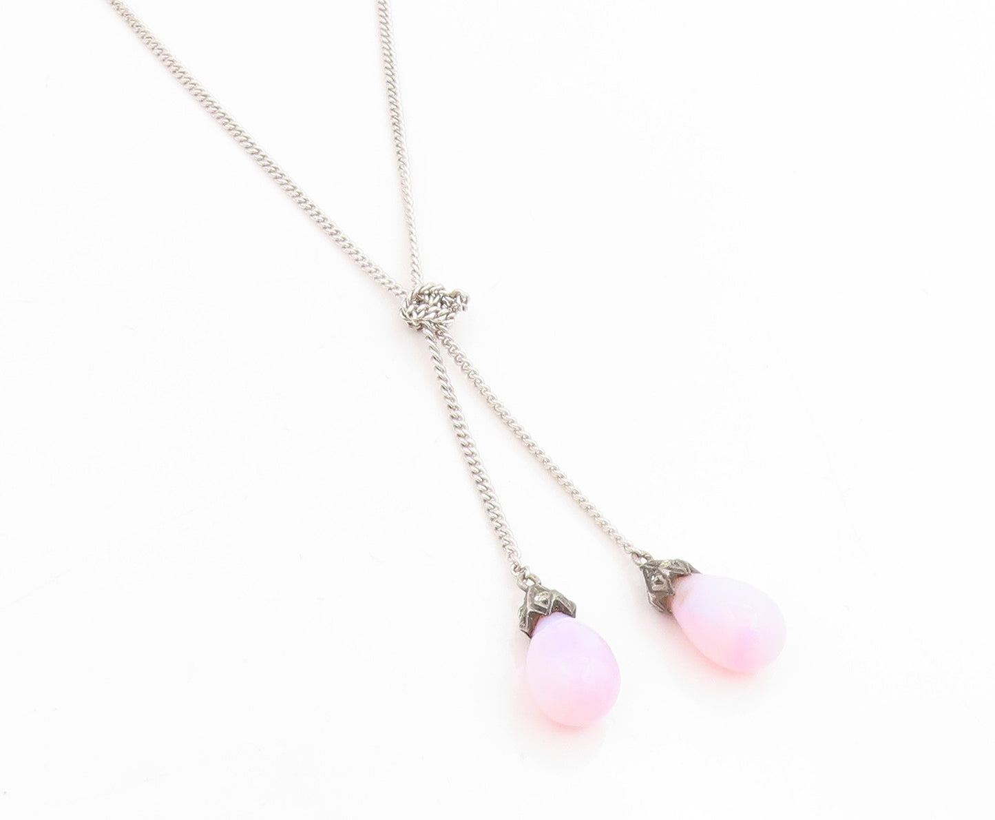 925 Sterling Silver Vintage Necklace Pink Opal Elegant Teardrop Knot  NE4806