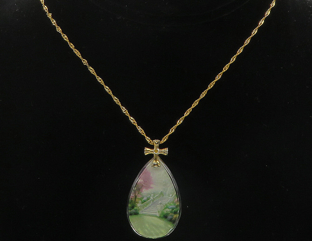 925 Sterling Silver  Vintage Garden Scene Heaven Quote Chain Necklace  NE1999