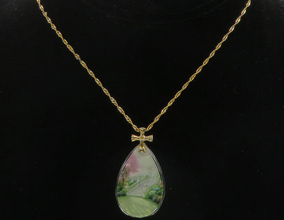 925 Sterling Silver  Vintage Garden Scene Heaven Quote Chain Necklace  NE1999