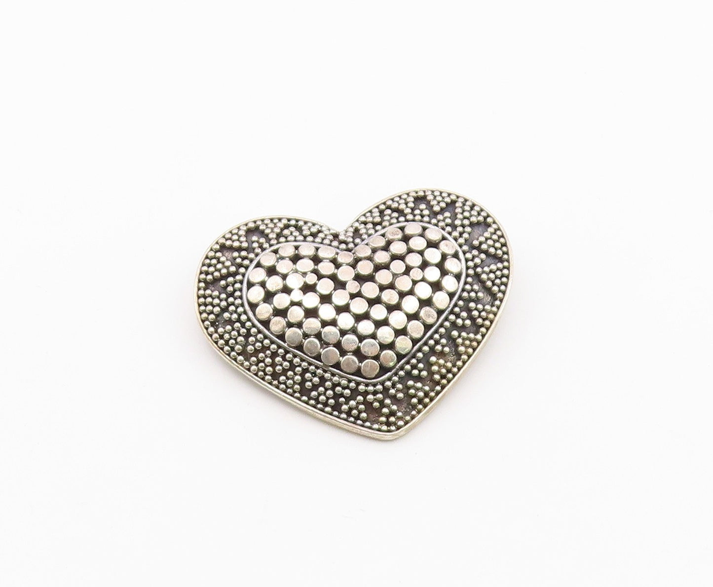 925 Sterling Silver  Vintage Shiny Circle Pattern Heart Brooch Pin  BP8378